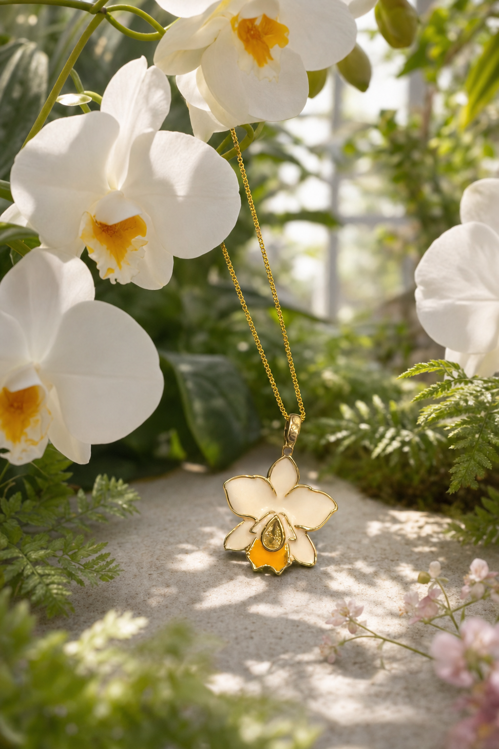 Hawaiian BLC Orchid Necklace & Earring Set • Gold White Enamel - Orchidique