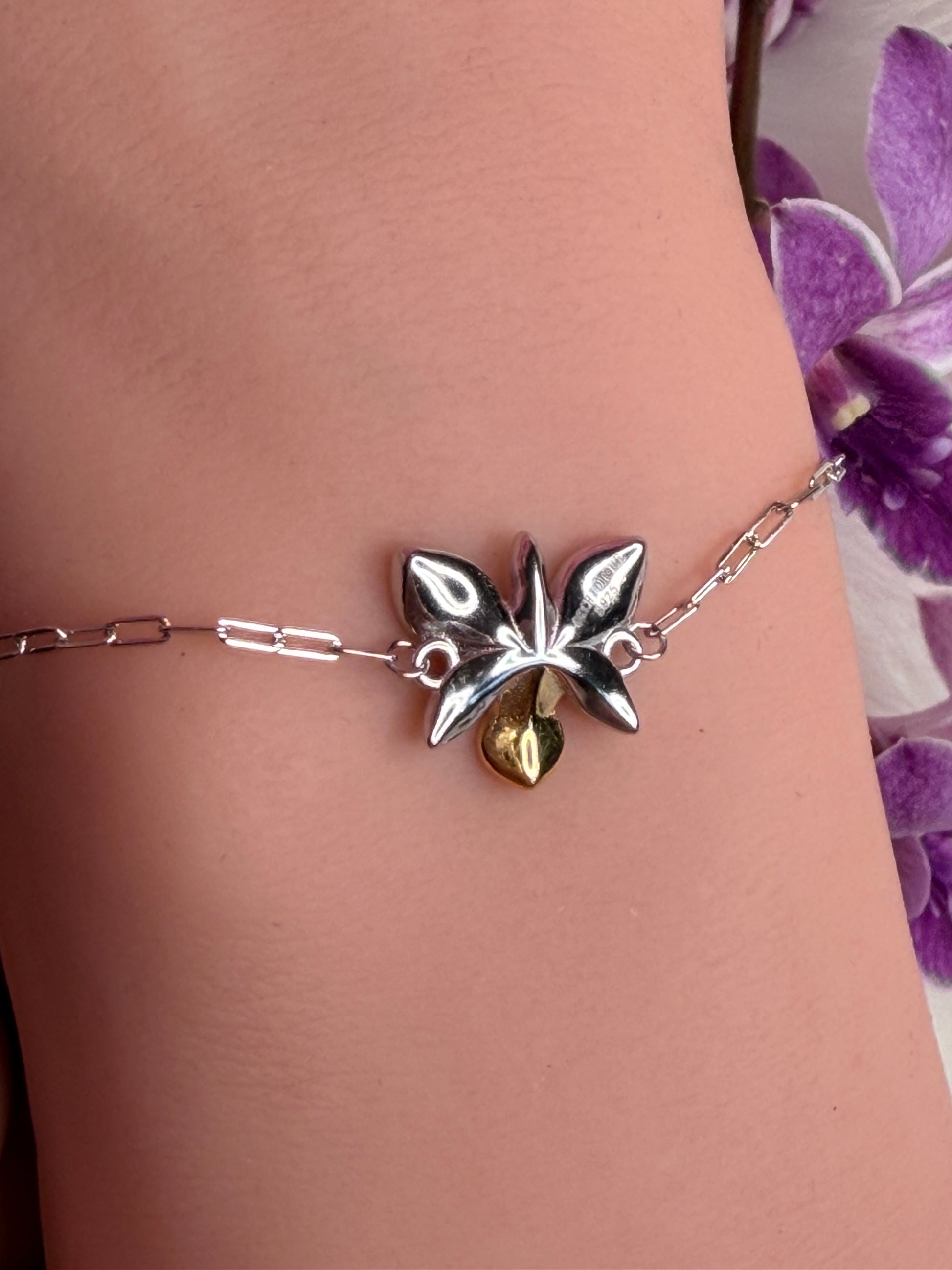Dendrobium Orchid Bracelet : Two Tone White Gold Plated - Orchidique