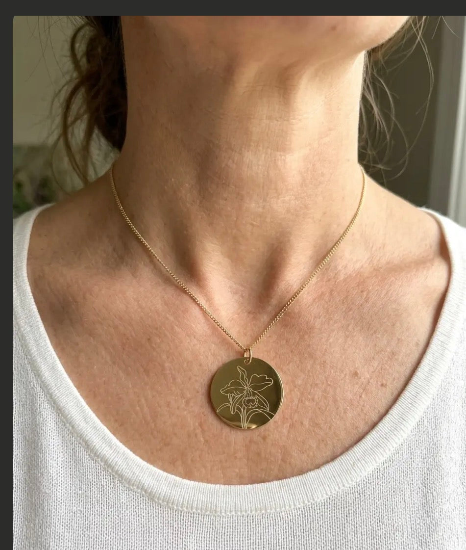 The Birthstone Cattleya Collection: Cattleya Disc Orchid Pendant Necklace