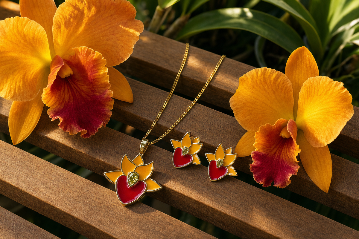 Orange Taiwan Catasetum Orchid Jewelry Set • 925 Silver • 14K Gold • Orange Enamel • Studs & Pendant - Orchidique