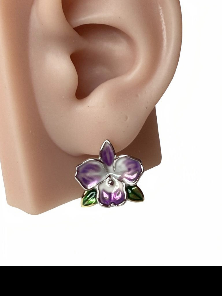 Aloha Orchid Jewelry Collection : Eggplant Purple Cattleya Flower Stud with Earring Jacket
