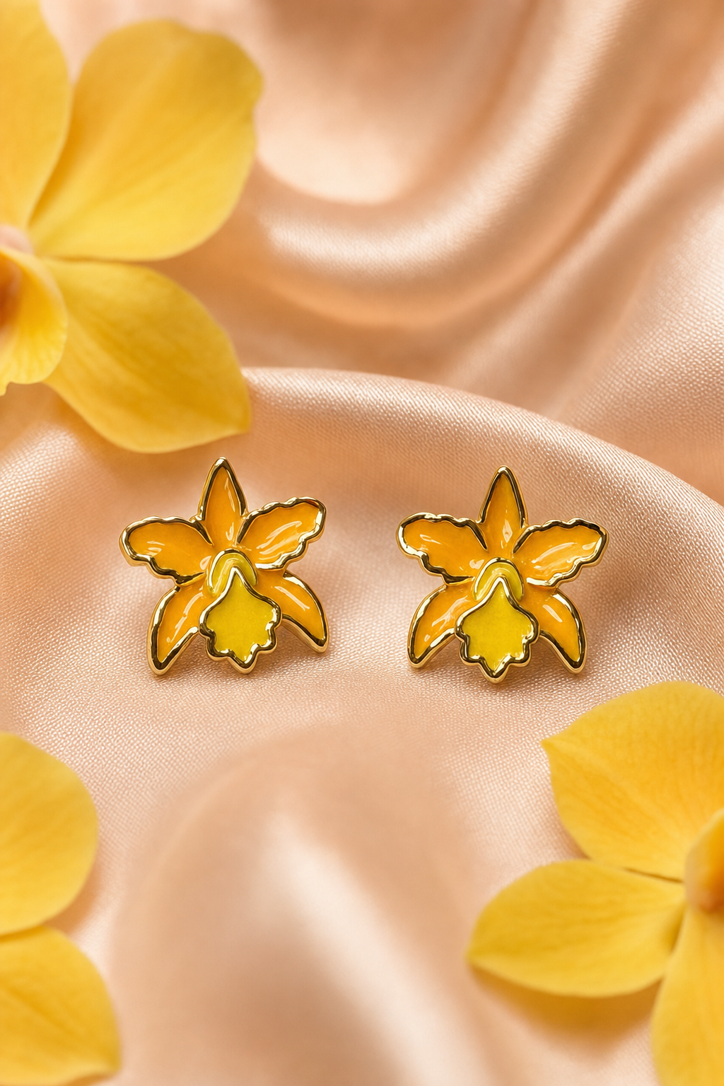 La Colombiana Collection Yellow Cattleya Orchid Earrings on blush silk - Orchidique