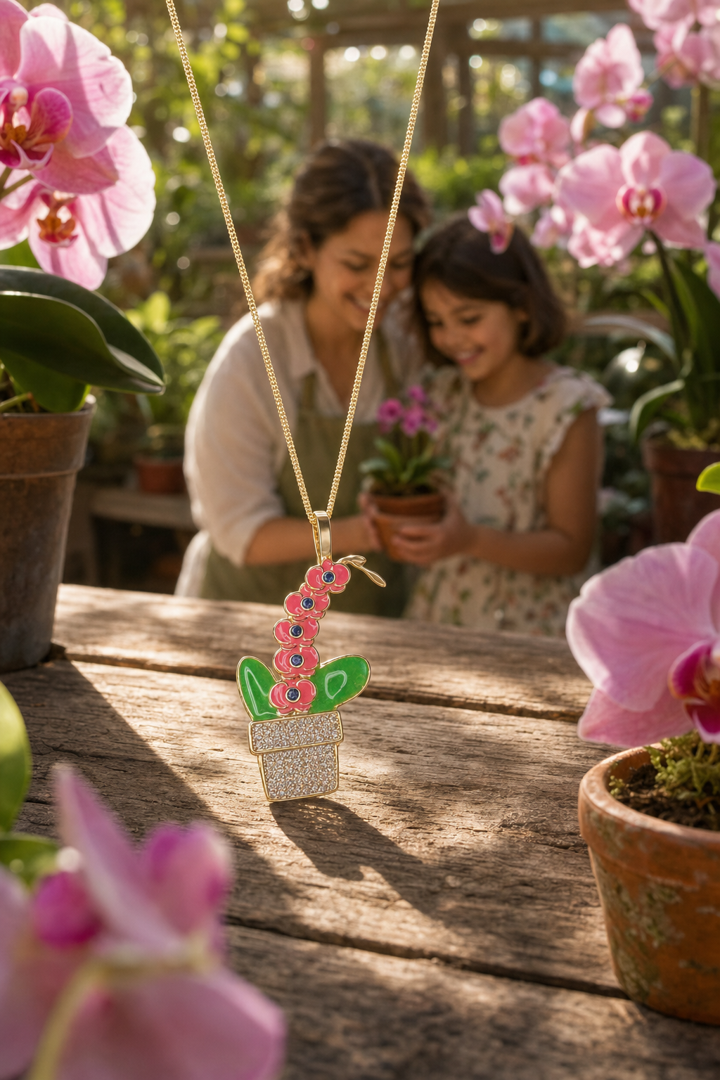 Pink Phalaenopsis Orchid Necklace • Potted Plant Pendant • 925 Silver • 14K Gold • Potsy Collection - Orchidique