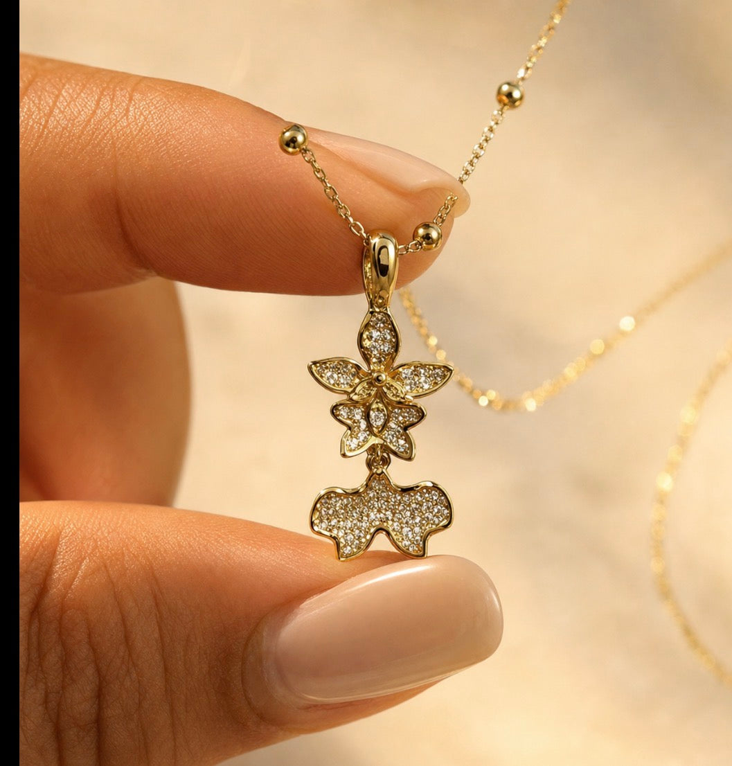 Tolumnia dancing lady orchid necklace with beaded adjustable chain