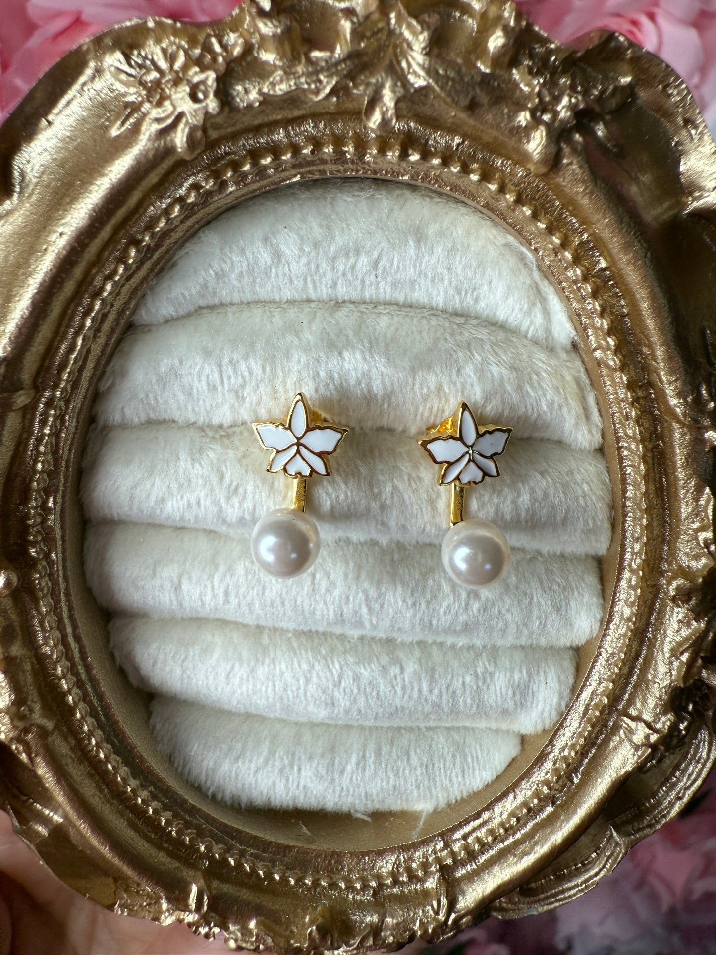 Signature White Cattleya Earrings, Classic Pearl Jacket Stud, 18k Gold Plated
