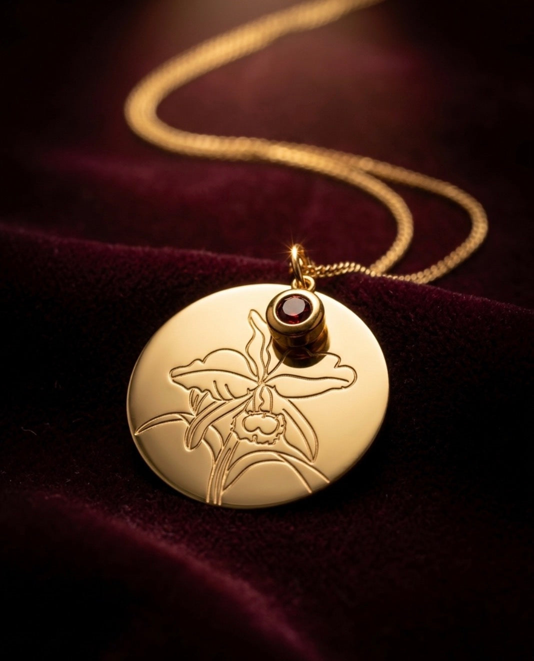 The Birthstone Cattleya Collection: Cattleya Disc Orchid Pendant Necklace