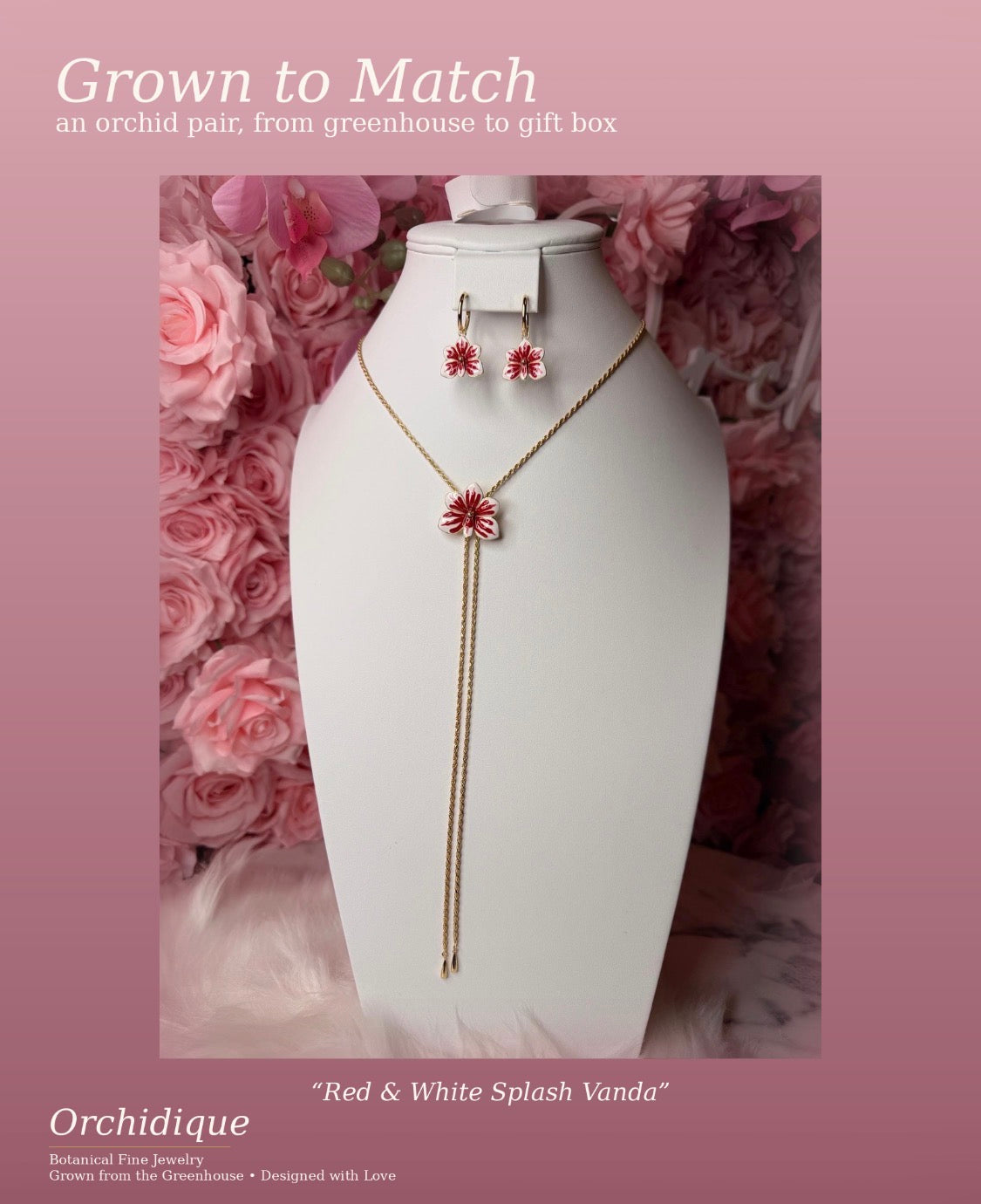 vanda orchid necklace, red white enamel, 14K gold plated sterling silver, eleventh view – Orchidique