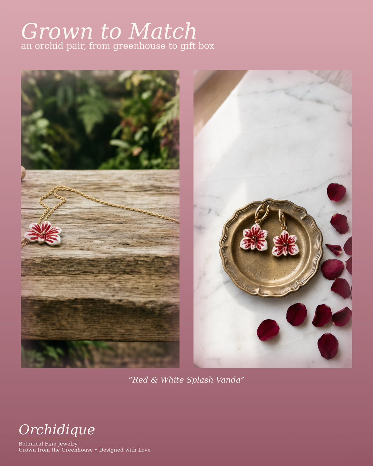 vanda orchid necklace, red white enamel, 14K gold plated sterling silver, story graphic with necklace and hoops – Orchidique
