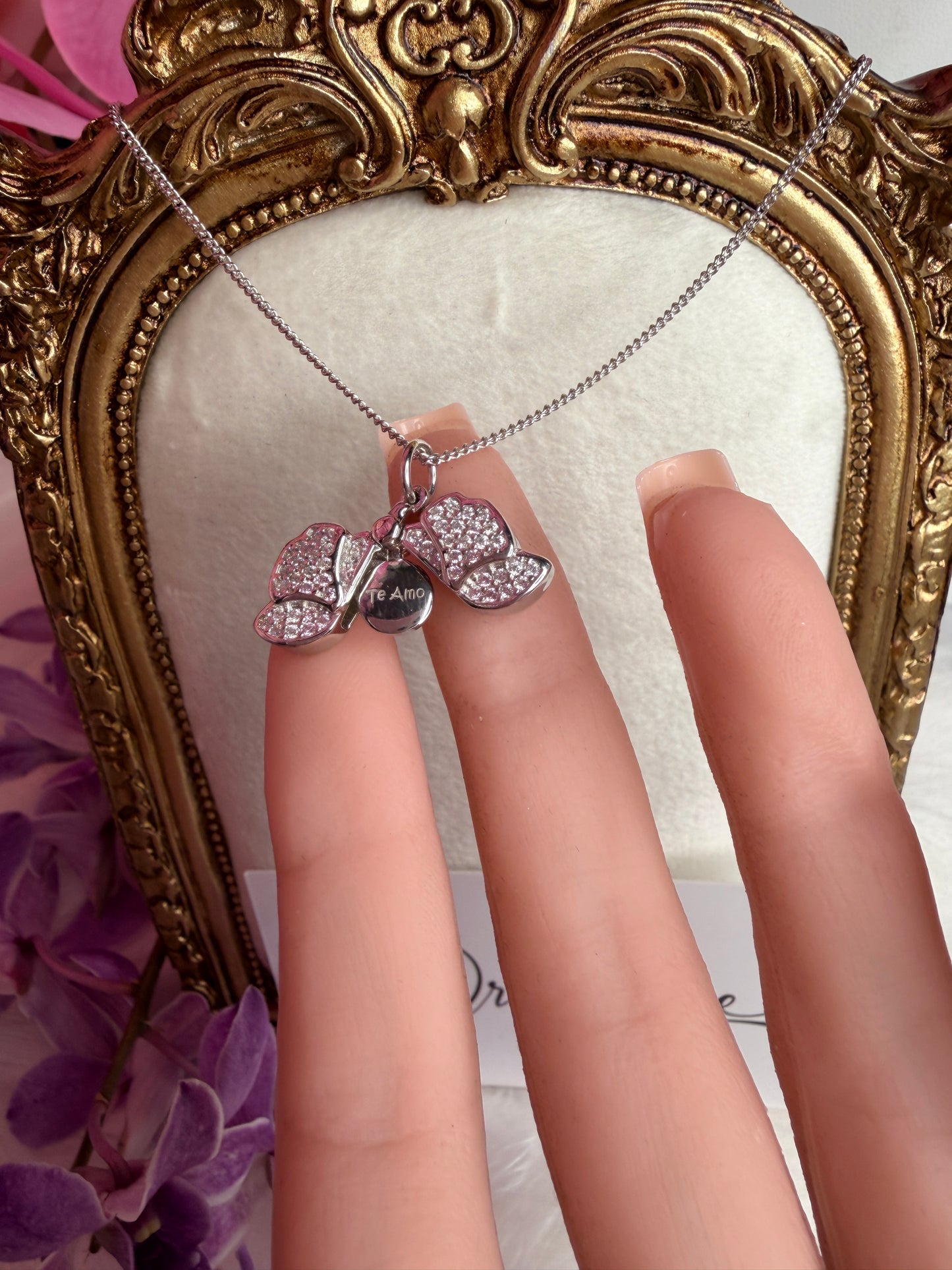 The Locket Collection: Dendrobium Sterling Silver Orchid Locket Pendant Necklace –"I Love You," "Te Amo," or "Je T'aime"– Silver White Gold - Orchidique