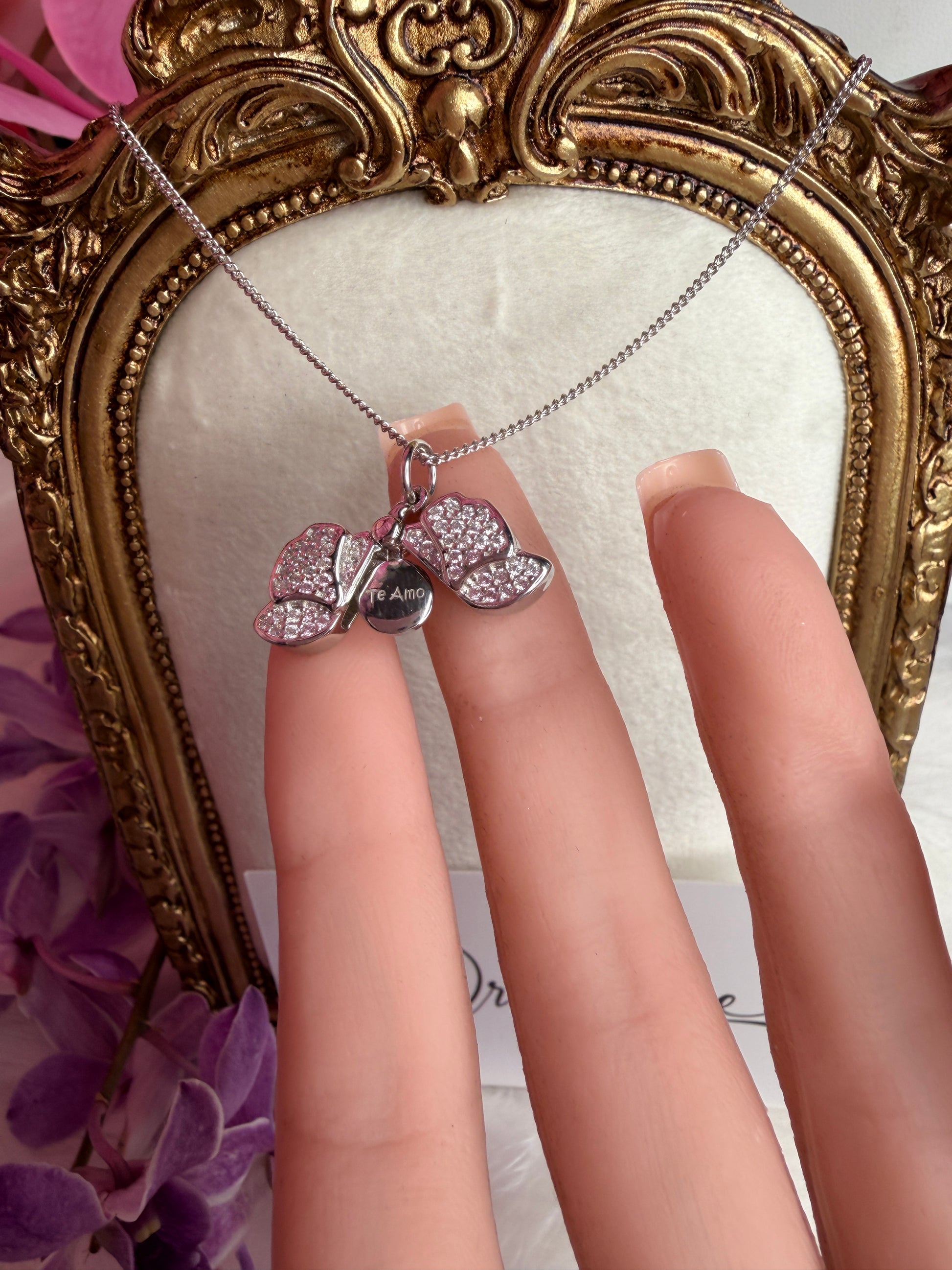 The Locket Collection: Dendrobium Sterling Silver Orchid Locket Pendant Necklace –"I Love You," "Te Amo," or "Je T'aime"– Silver White Gold - Orchidique