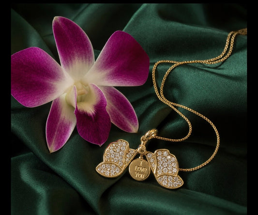14K Gold Dendrobium orchid locket necklace with pave crystal petals and secret message engraving