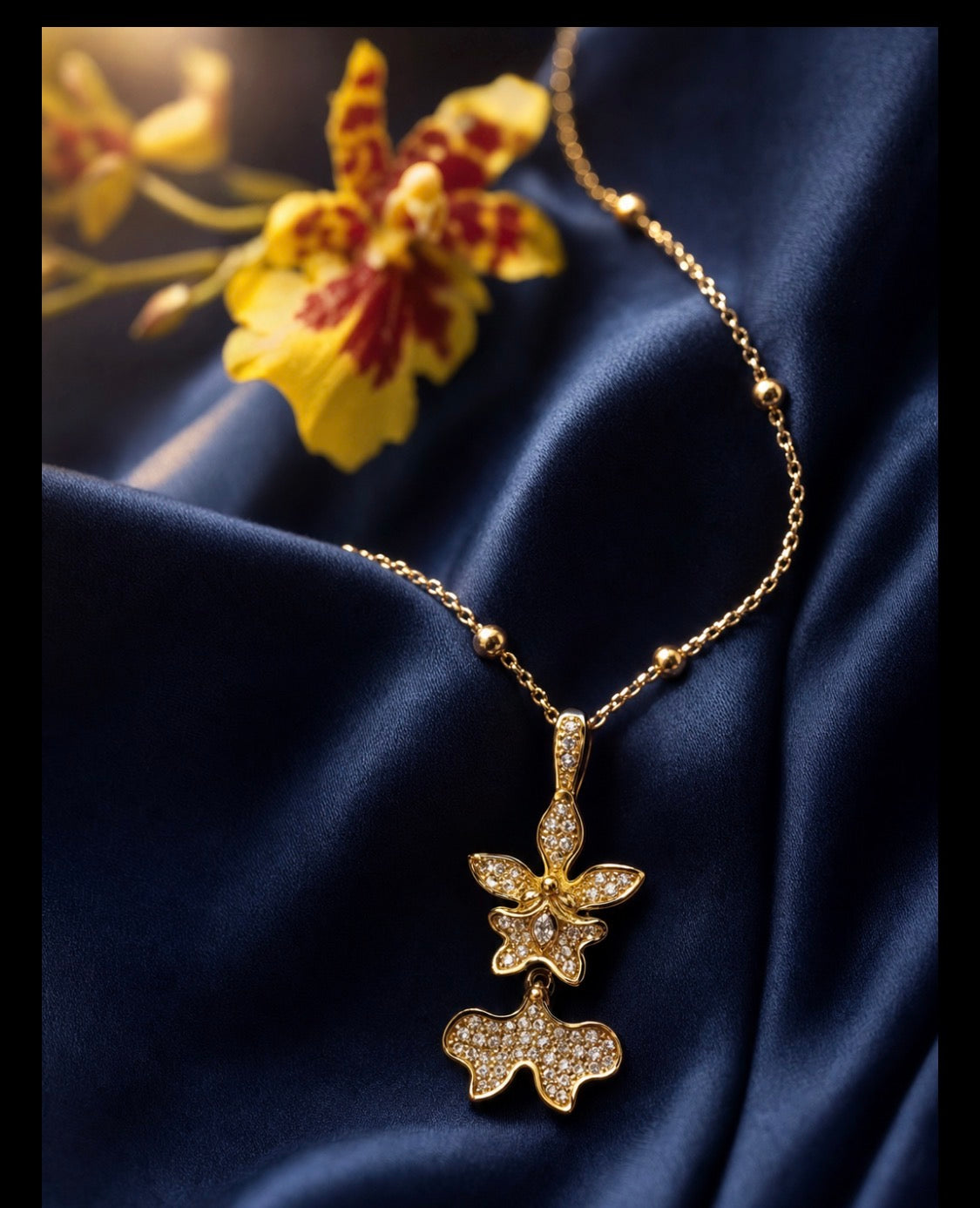 Tolumnia dancing lady orchid necklace with beaded adjustable chain