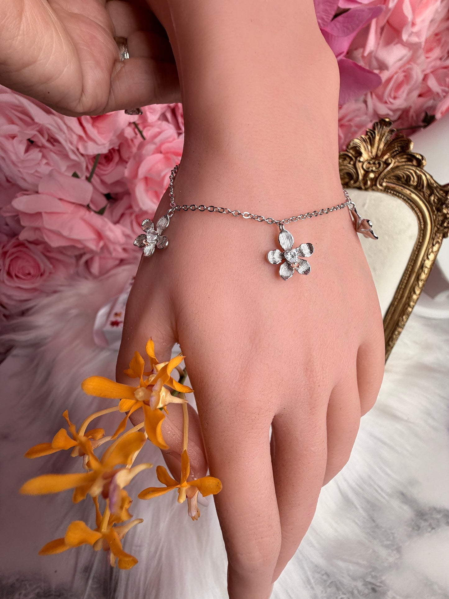 Vanda Loke Triple Orchid Bracelet : White Gold Plated - Orchidique