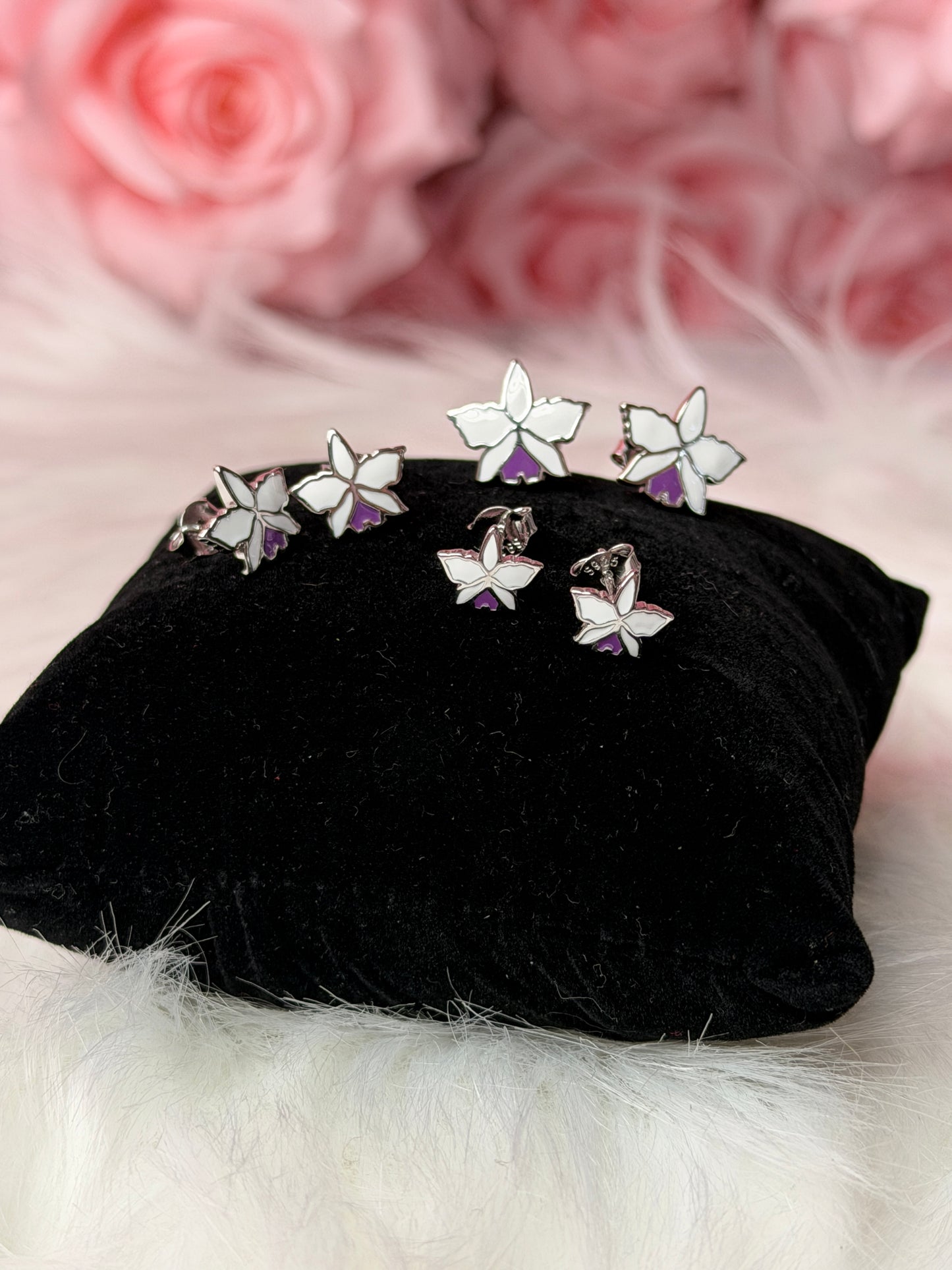 Signature White Gold Cattleya Studs: The Orchid with a Purple Heart Labellum - Orchidique