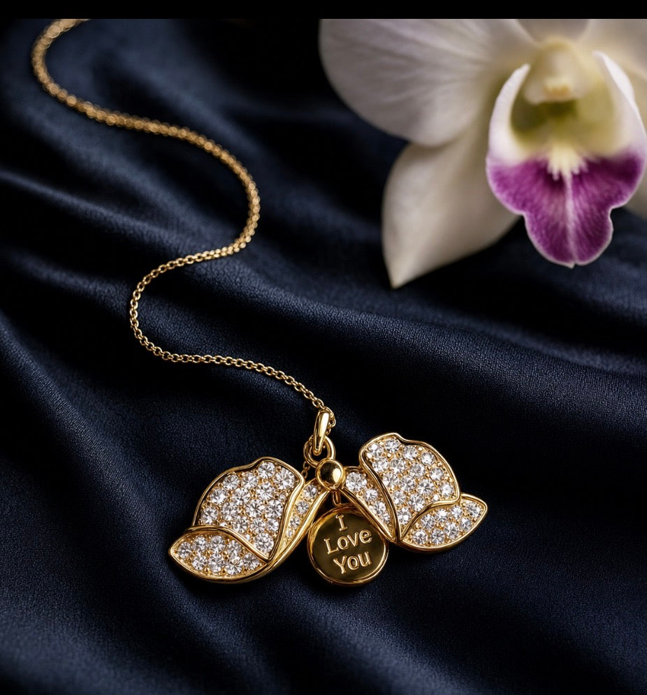 14K Gold Dendrobium orchid locket necklace with pave crystal petals and secret message engraving