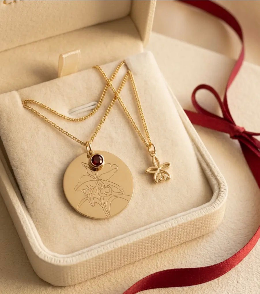 The Birthstone Cattleya Collection: Cattleya Disc Orchid Pendant Necklace
