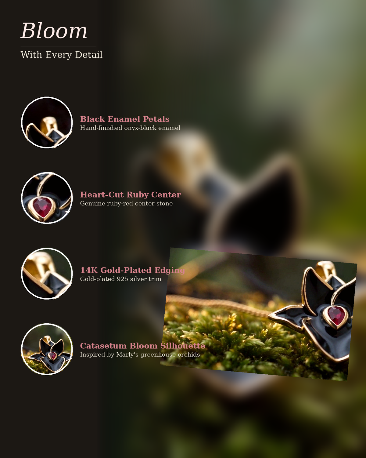 Black Catasetum Orchid Jewelry Set • 925 Silver • 14K Gold • Black Enamel • Ruby Heart Center