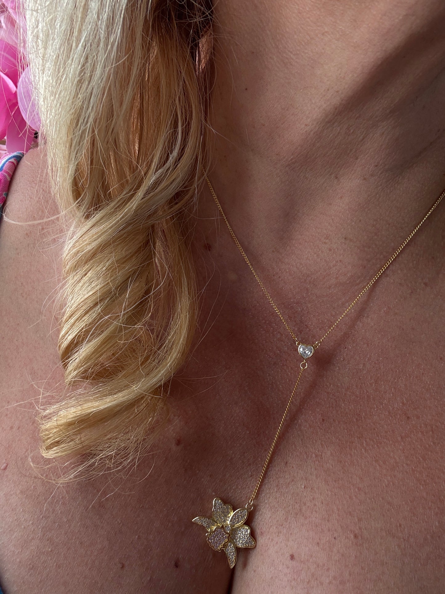 Shimmer Me Cattleya Necklace • White and Pink Y- Chain Orchid Jewelry