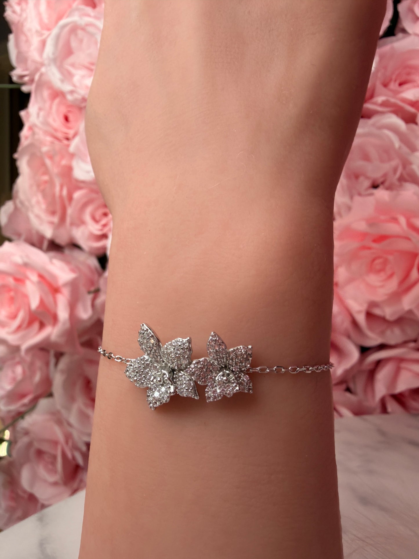 Sterling Silver Orchid Bracelet, 14K White Gold Plated, Shimmering Aloha Cattleya