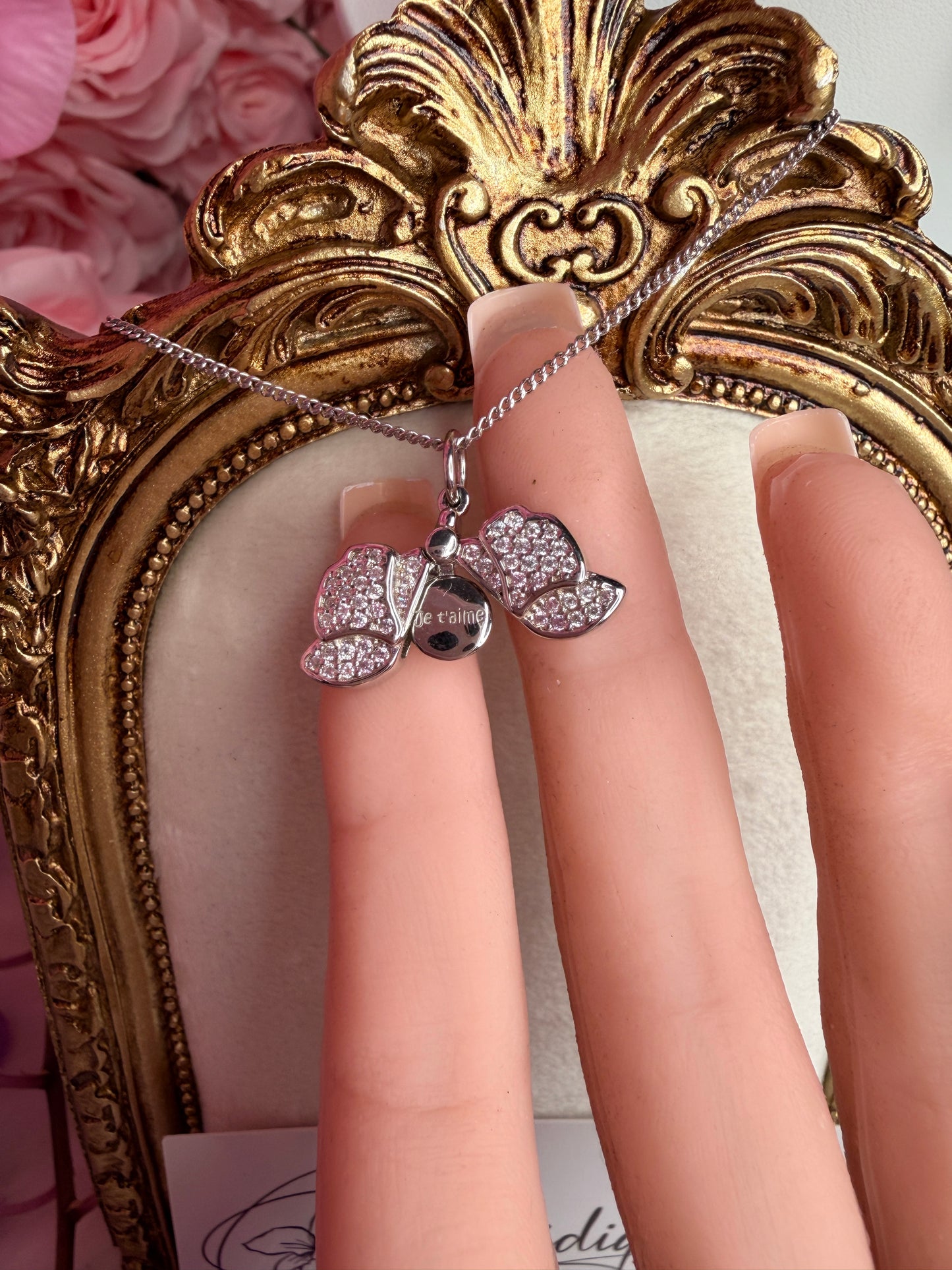 The Locket Collection: Dendrobium Sterling Silver Orchid Locket Pendant Necklace –"I Love You," "Te Amo," or "Je T'aime"– Silver White Gold - Orchidique