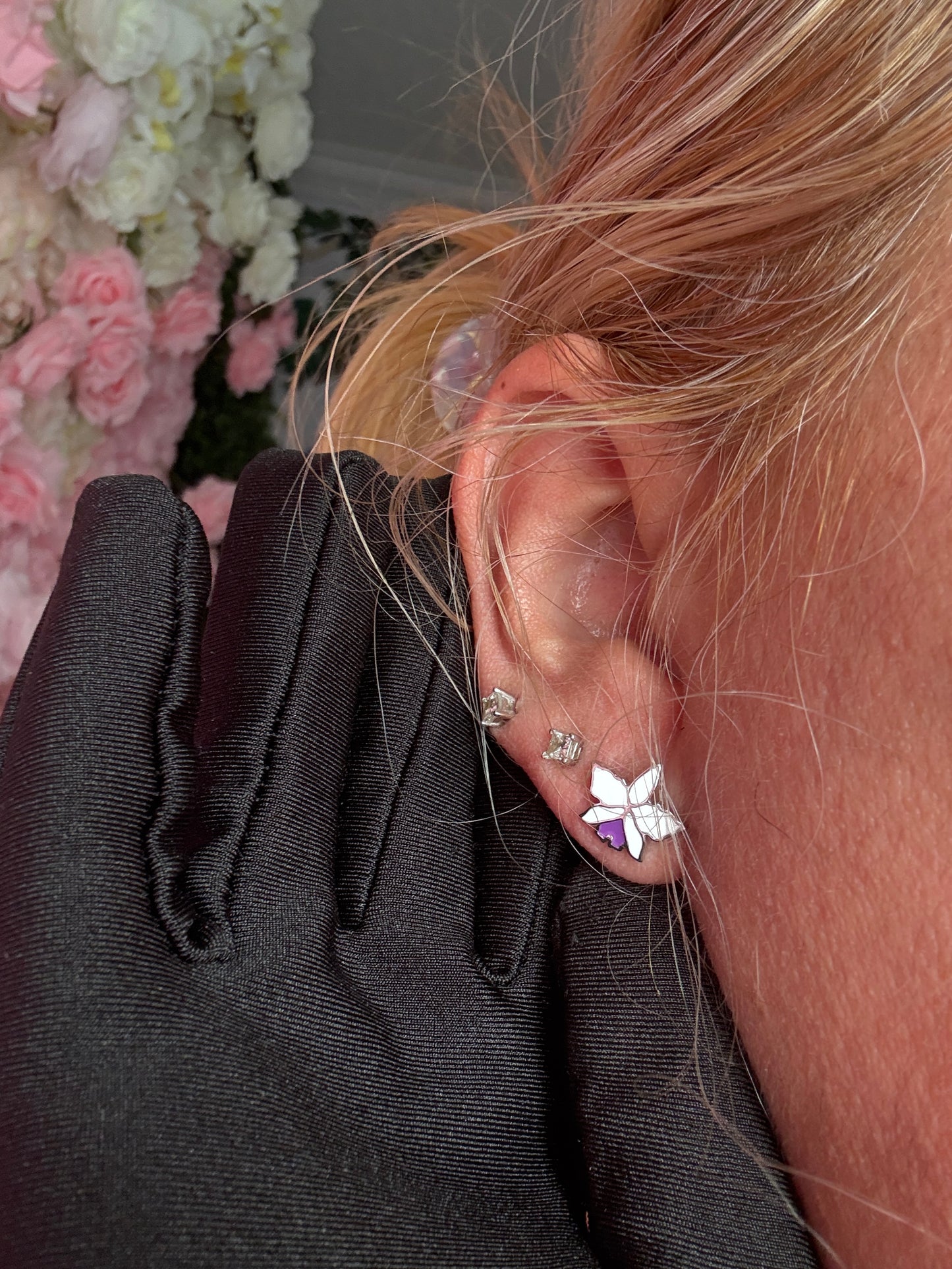 Signature White Gold Cattleya Studs: The Orchid with a Purple Heart Labellum
