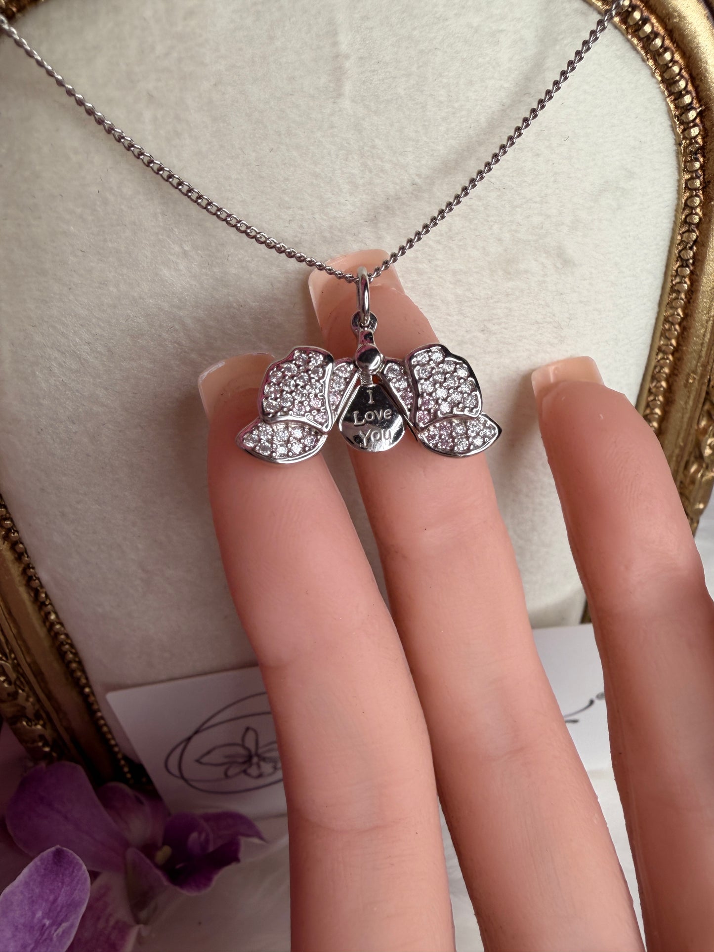 The Locket Collection: Dendrobium Sterling Silver Orchid Locket Pendant Necklace –"I Love You," "Te Amo," or "Je T'aime"– Silver White Gold - Orchidique