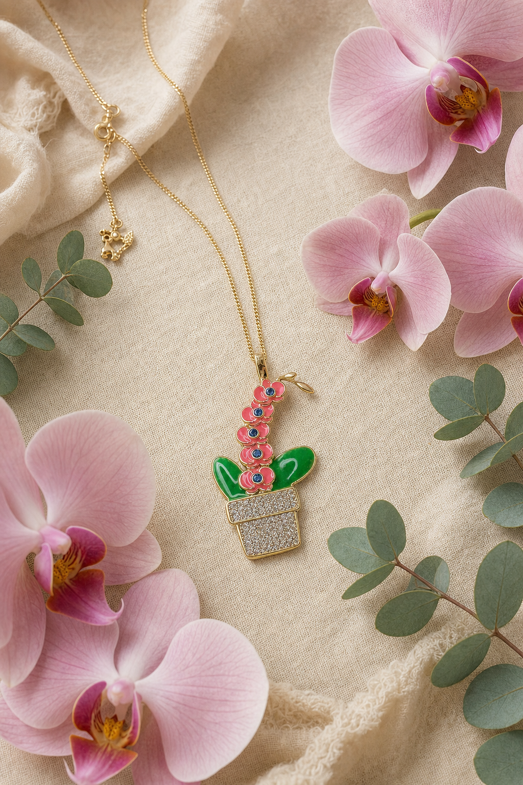 Pink Phalaenopsis Orchid Necklace • Potted Plant Pendant • 925 Silver • 14K Gold • Potsy Collection - Orchidique