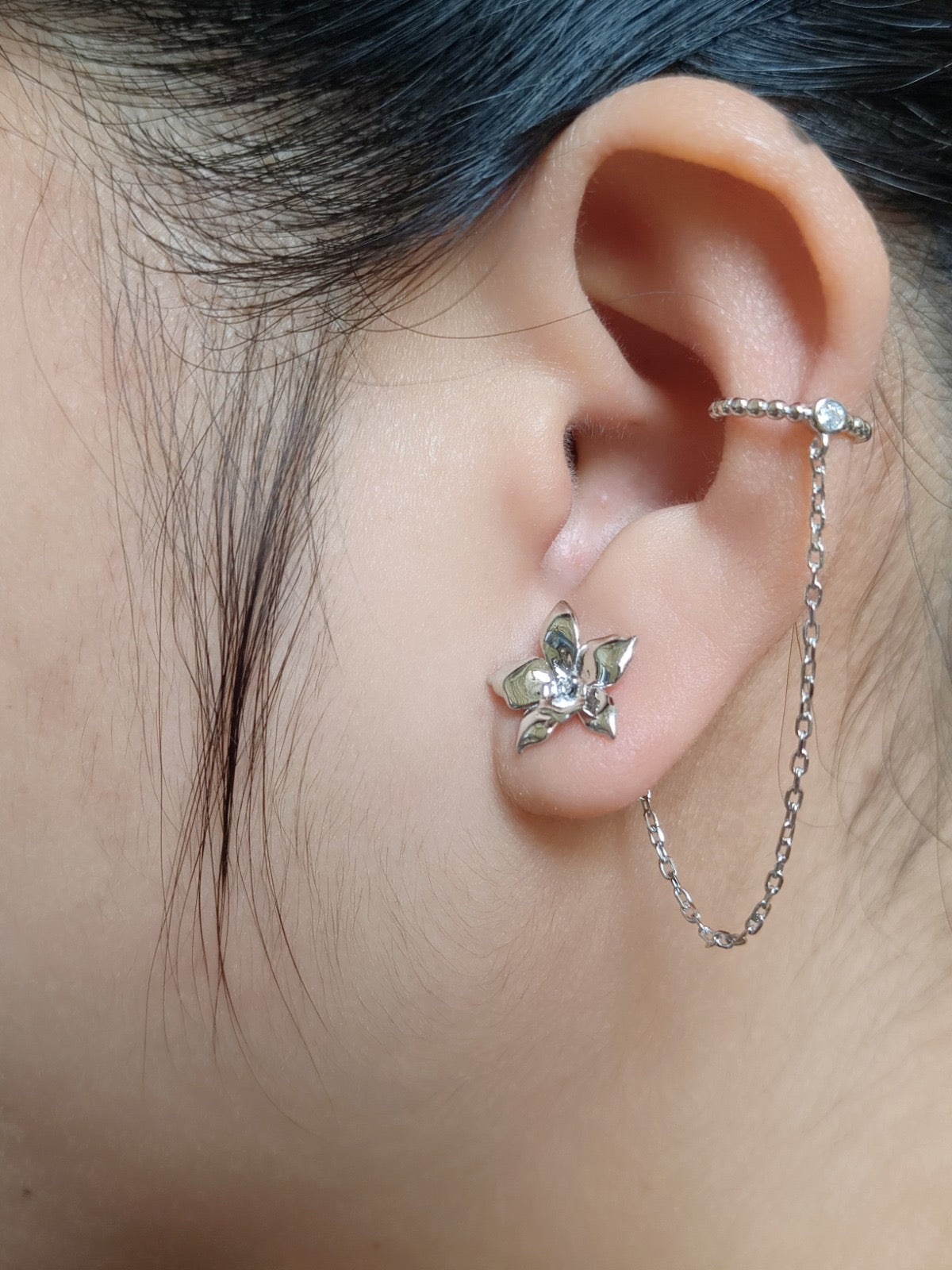 Aloha Aerial Cuff Collection • Orchid Chain Stud • Rhodium Tarnish-Free Orchid Jewelry