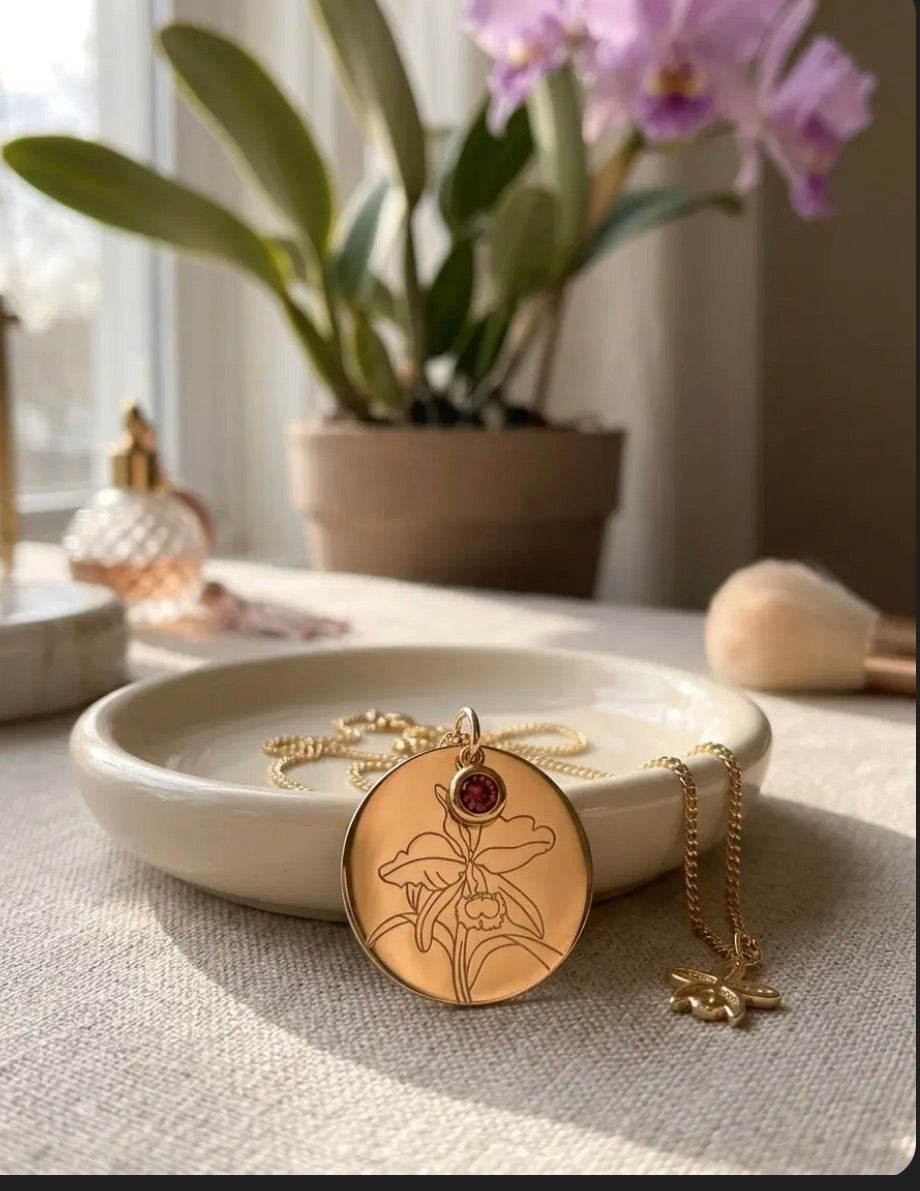 The Birthstone Cattleya Collection: Cattleya Disc Orchid Pendant Necklace