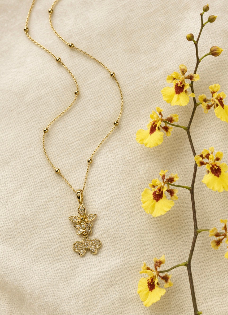 Tolumnia dancing lady orchid necklace with beaded adjustable chain