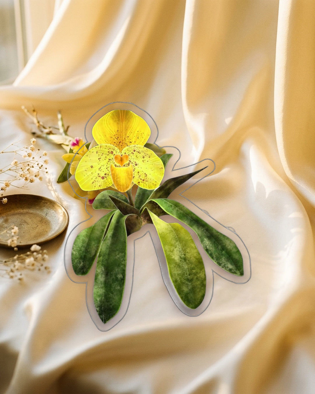 Paphiopedilum Concolor Orchid sticker, waterproof vinyl decal, staged photo