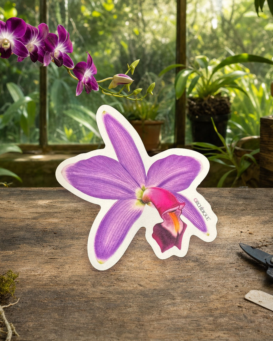 Purple Cattleya Violacea Orchid sticker, waterproof vinyl decal, staged photo