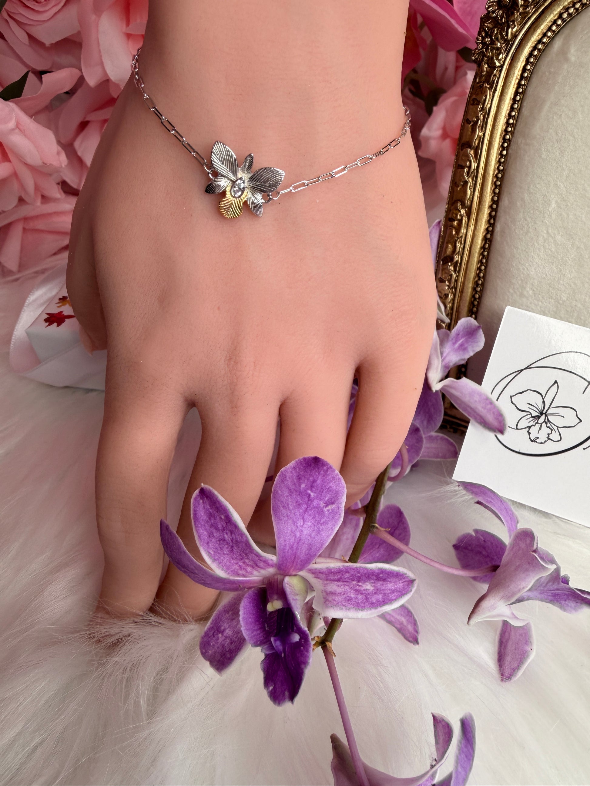 Dendrobium Orchid Bracelet : Two Tone White Gold Plated - Orchidique