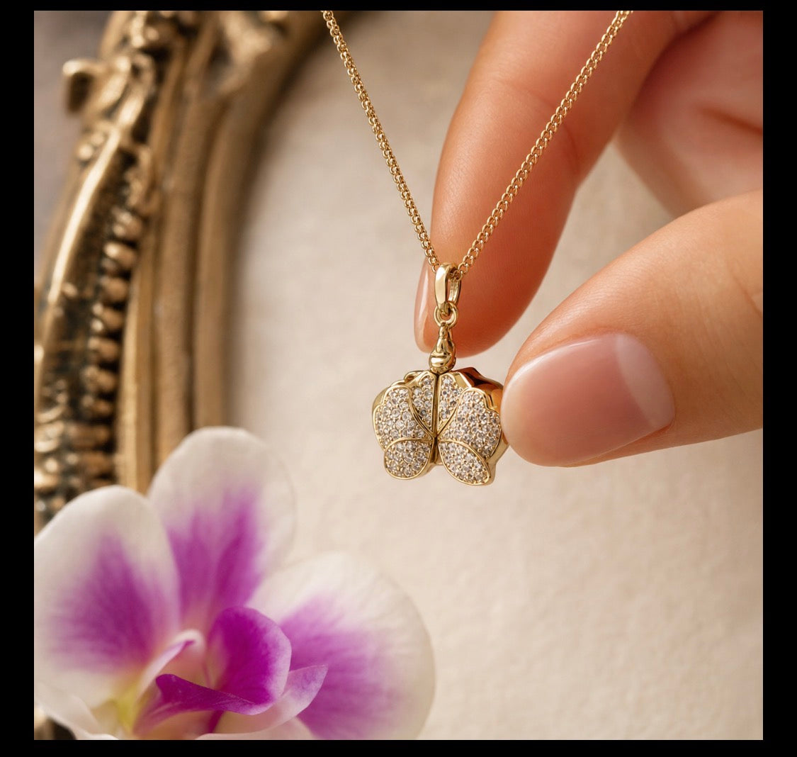 14K Gold Dendrobium orchid locket necklace with pave crystal petals and secret message engraving