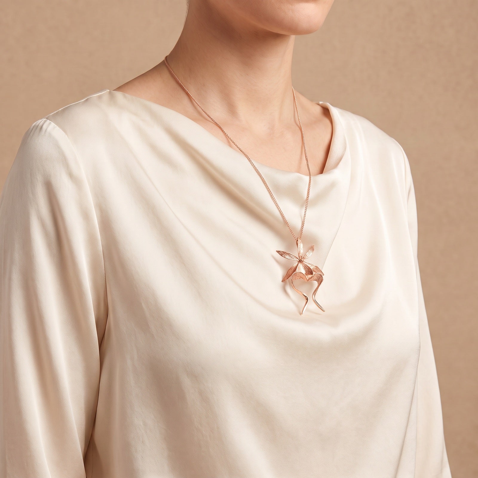 Ghost Orchid Rose Gold Pendant Necklace on Blush Silk - Orchidique