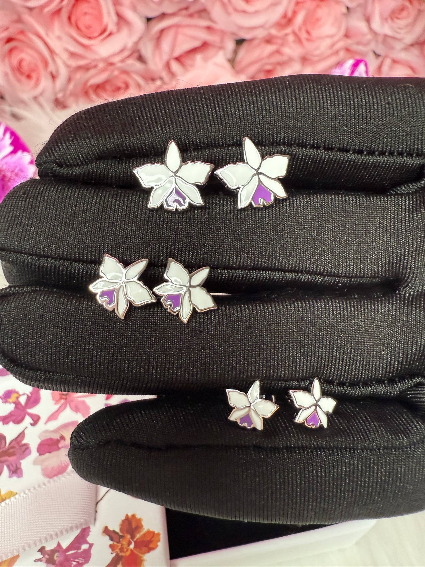 Signature White Gold Cattleya Studs: The Orchid with a Purple Heart Labellum