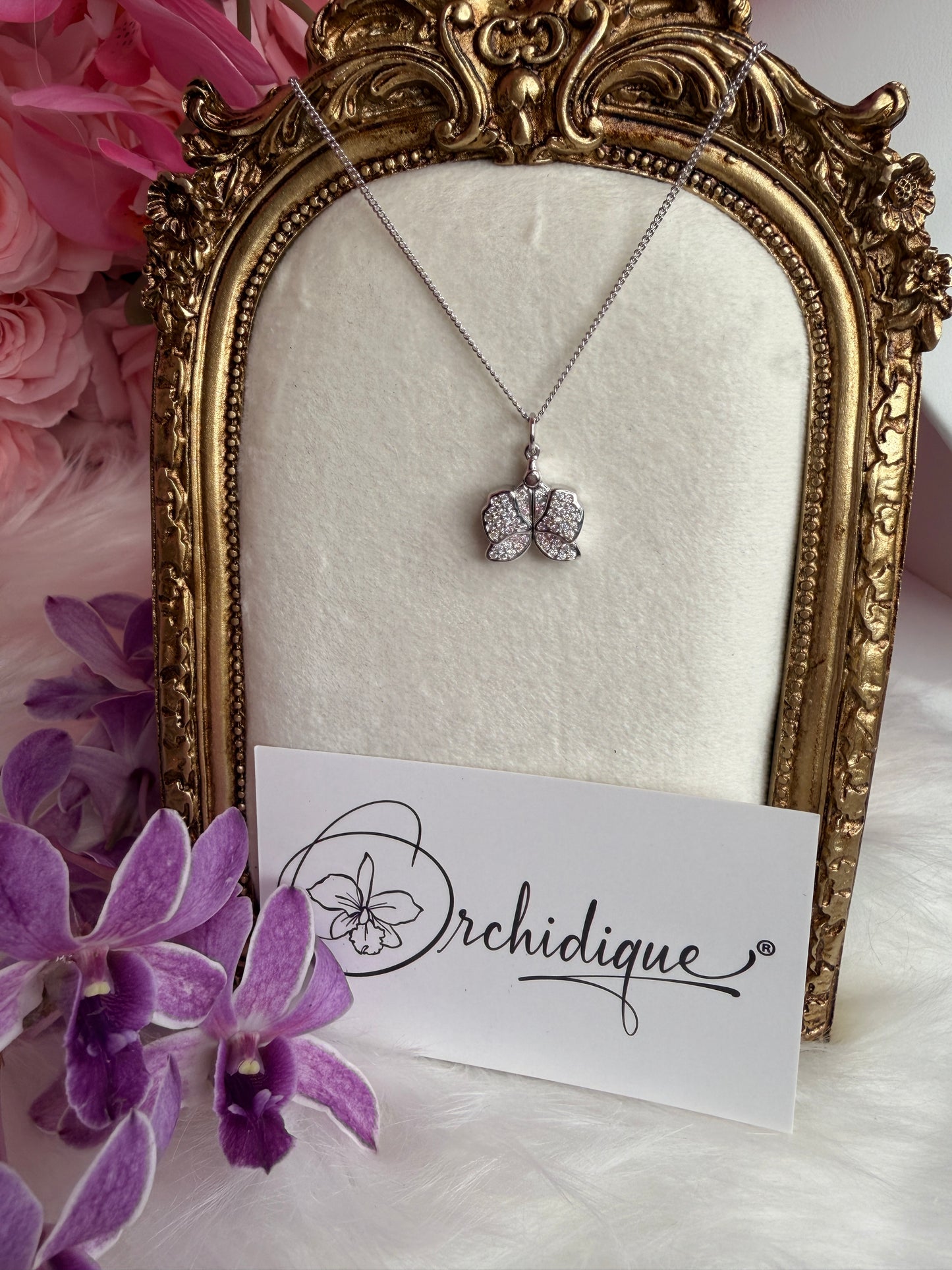 The Locket Collection: Dendrobium Sterling Silver Orchid Locket Pendant Necklace –"I Love You," "Te Amo," or "Je T'aime"– Silver White Gold - Orchidique