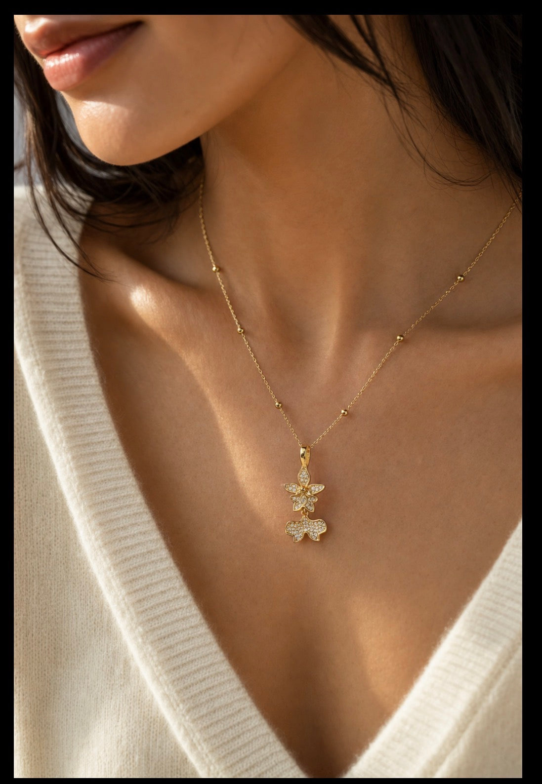 Tolumnia dancing lady orchid necklace with beaded adjustable chain