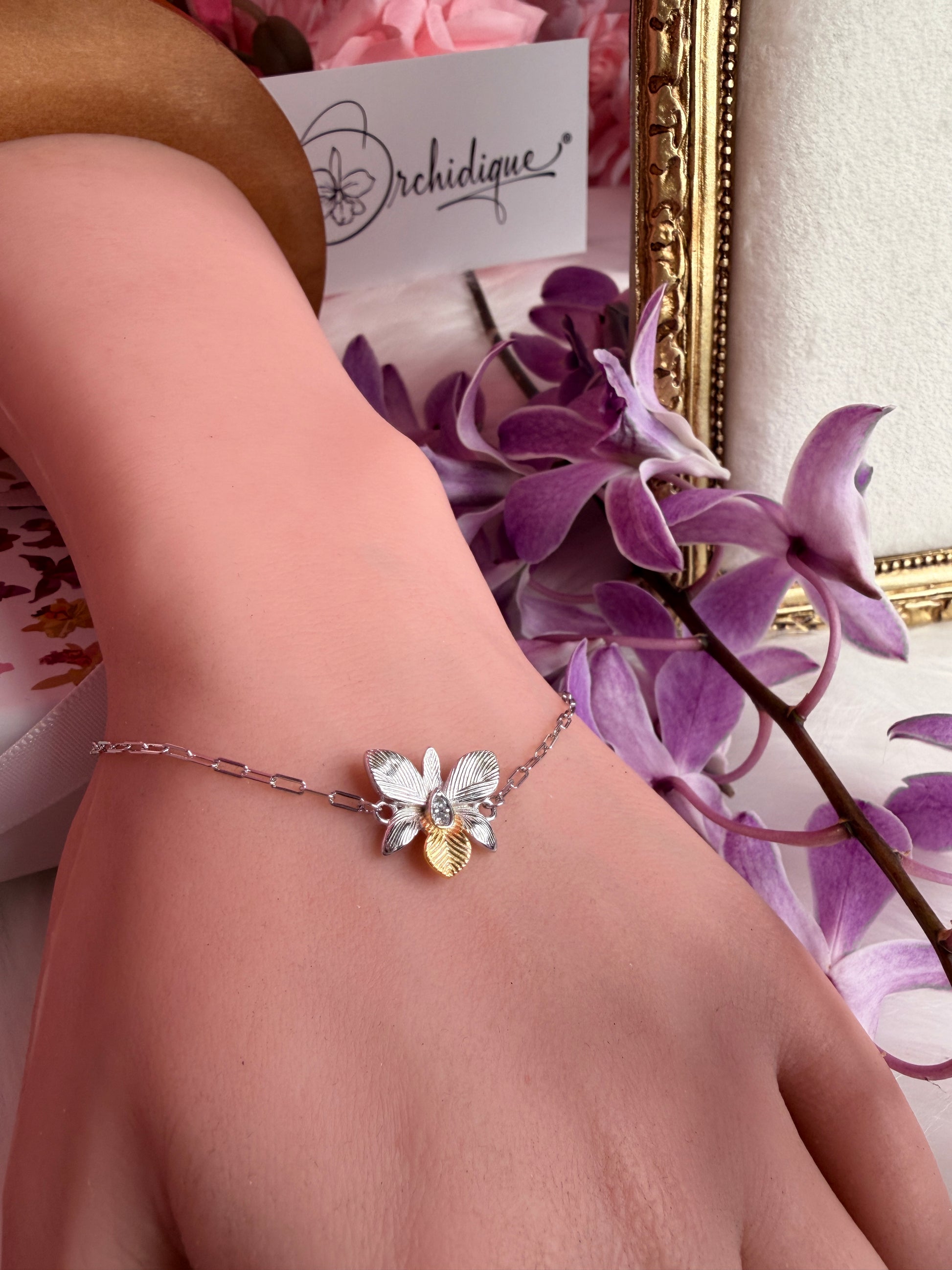 Dendrobium Orchid Bracelet : Two Tone White Gold Plated - Orchidique