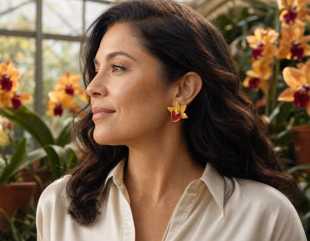Orange Taiwan Catasetum Orchid Jewelry Set • 925 Silver • 14K Gold • Orange Enamel • Studs & Pendant - Orchidique