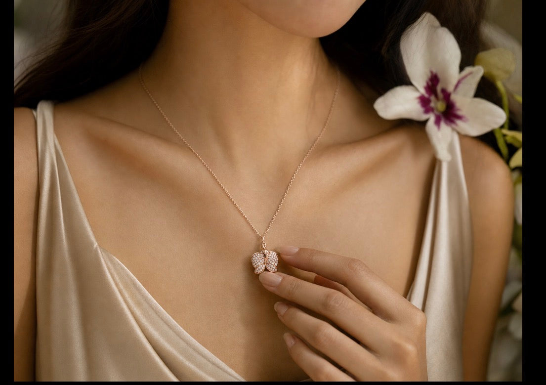 14K Gold Dendrobium orchid locket necklace with pave crystal petals and secret message engraving
