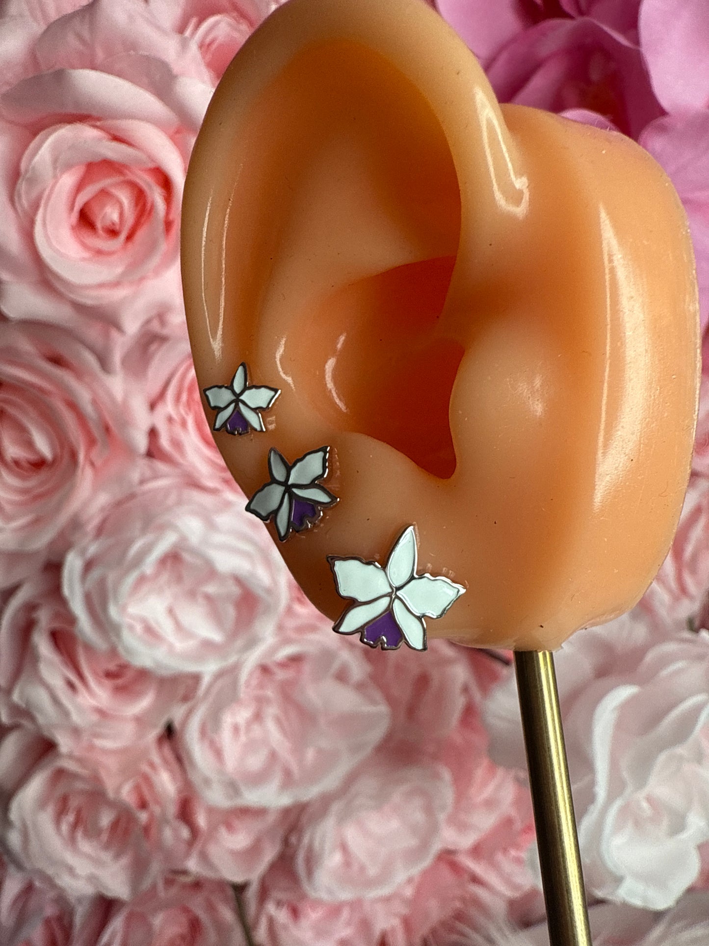 Signature White Gold Cattleya Studs: The Orchid with a Purple Heart Labellum