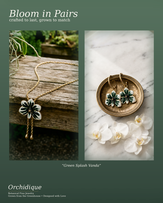 Ascocenda Vanda Orchid Necklace Earrings • Green White Enamel Flower • 14K Gold Plated Collection