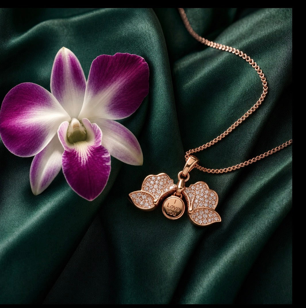 14K Rose Gold Dendrobium orchid locket necklace with pave crystal petals and secret message engraving