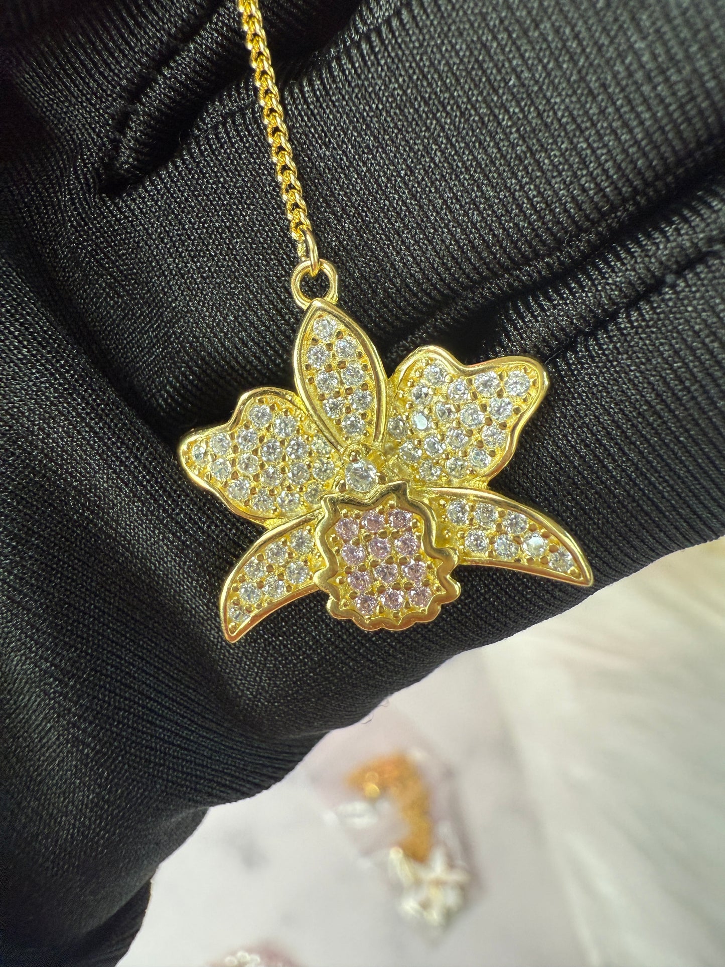 Shimmer Me Cattleya Necklace • White and Pink Y- Chain Orchid Jewelry