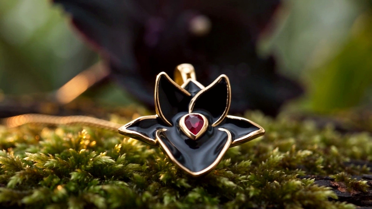Black Catasetum Orchid Jewelry Set • 925 Silver • 14K Gold • Black Enamel • Ruby Heart Center
