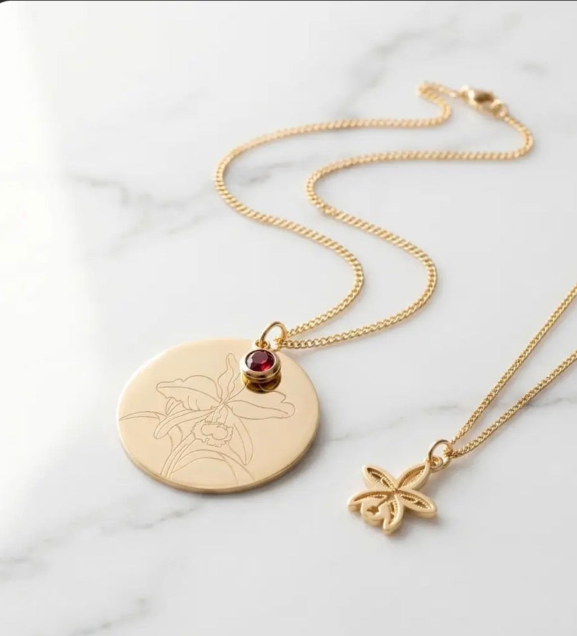 The Birthstone Cattleya Collection: Cattleya Disc Orchid Pendant Necklace