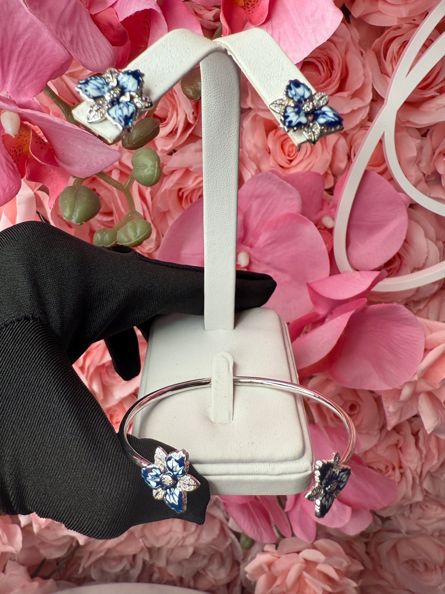 Cattleya Orchid Flower Bangle Bracelet and Earrings Set in Santorini Blue- White Gold Plated - Orchidique