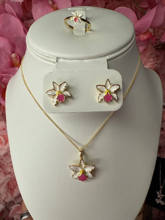 La Colombiana Collection: White & Pink Cattleya Orchid Jewelry Set