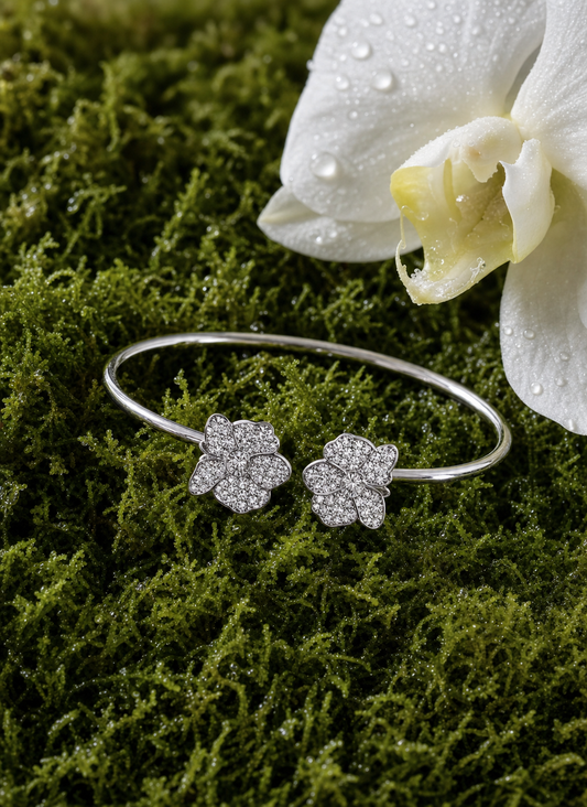Shimmer Dendrobium Orchid Bangle • 925 Silver • White Gold Plated